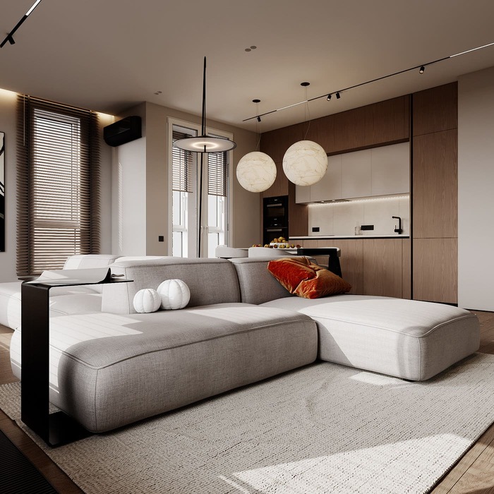 Ergonomic apartment in a minimalist style, kitchen-living room, photo 38