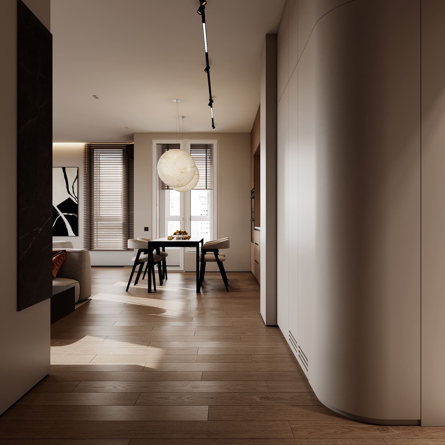 Ergonomic apartment in a minimalist style, kitchen-living room, photo 1