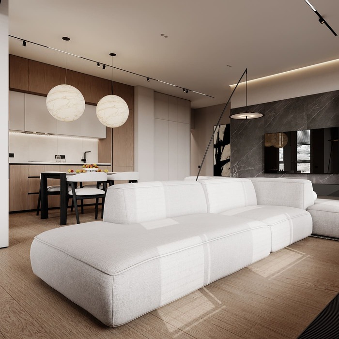 Эргономичная квартира в минималистическом стиле, кухня-гостинная, фото 33